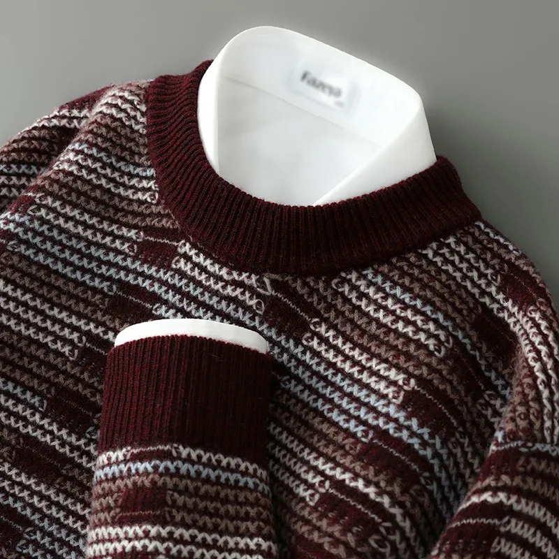 Autumn And Winter New 100% Sweater Men's Striped Pullover Sweater Round Neck Loose Color Matching Knit Bottoming Wool Top.