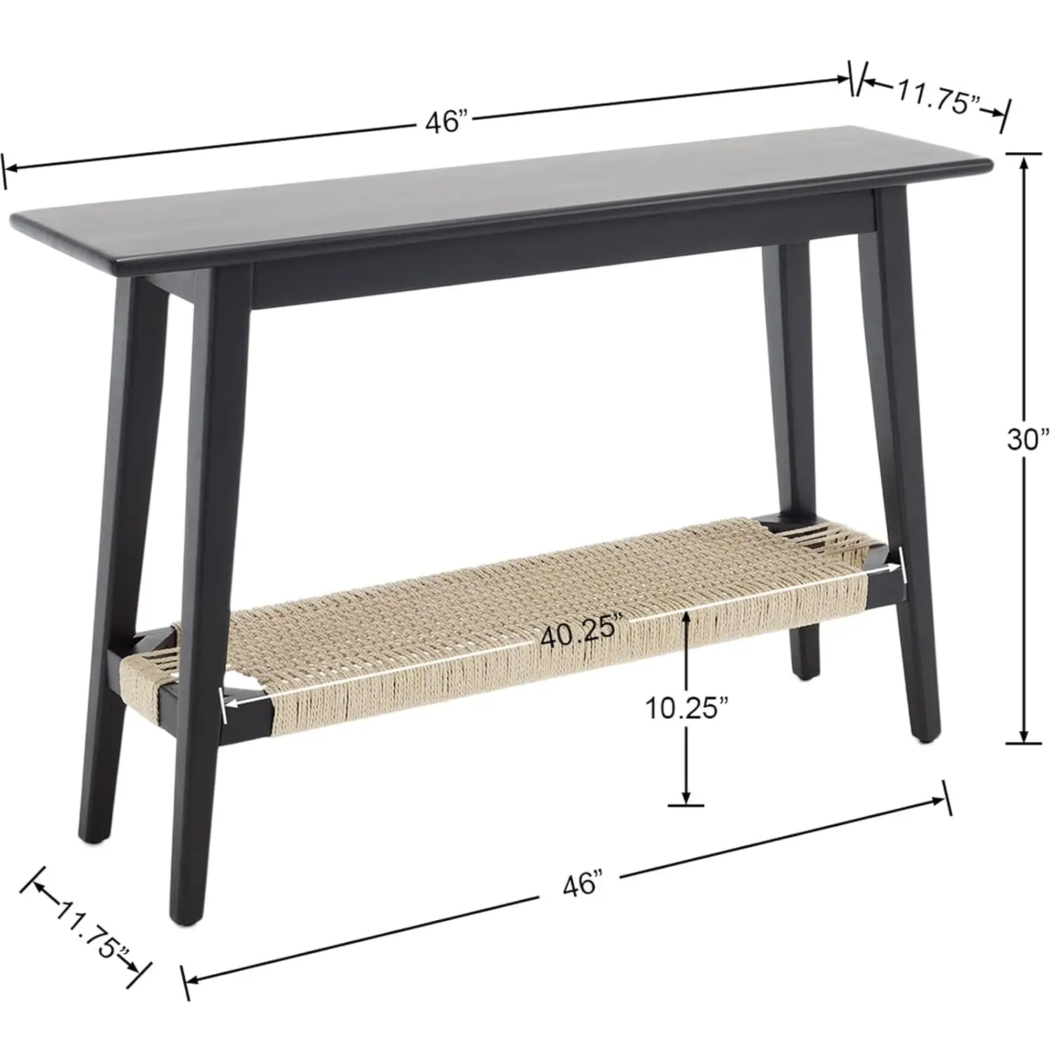 Farmhouse Black Console Table with Rattan Shelf Wood Rustic Narrow Sofa Table 46