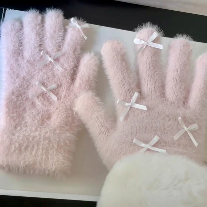 maveraCC55uds1 par de guantes cálidos de invierno con lazo para mujeres y niñas, lindos guantes de Color sólido, mitones resistentes al frío, guantes de montar a prueba de viento, regalos