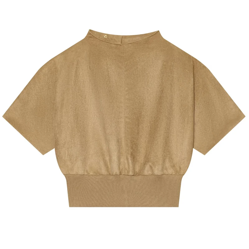 HXAO Faux Suede Crop Top Women Autumn 2026 Elegant Khaki Loose Vest O-Neck Short Sleeve Tops For Women Chic Streetwear Tank Top