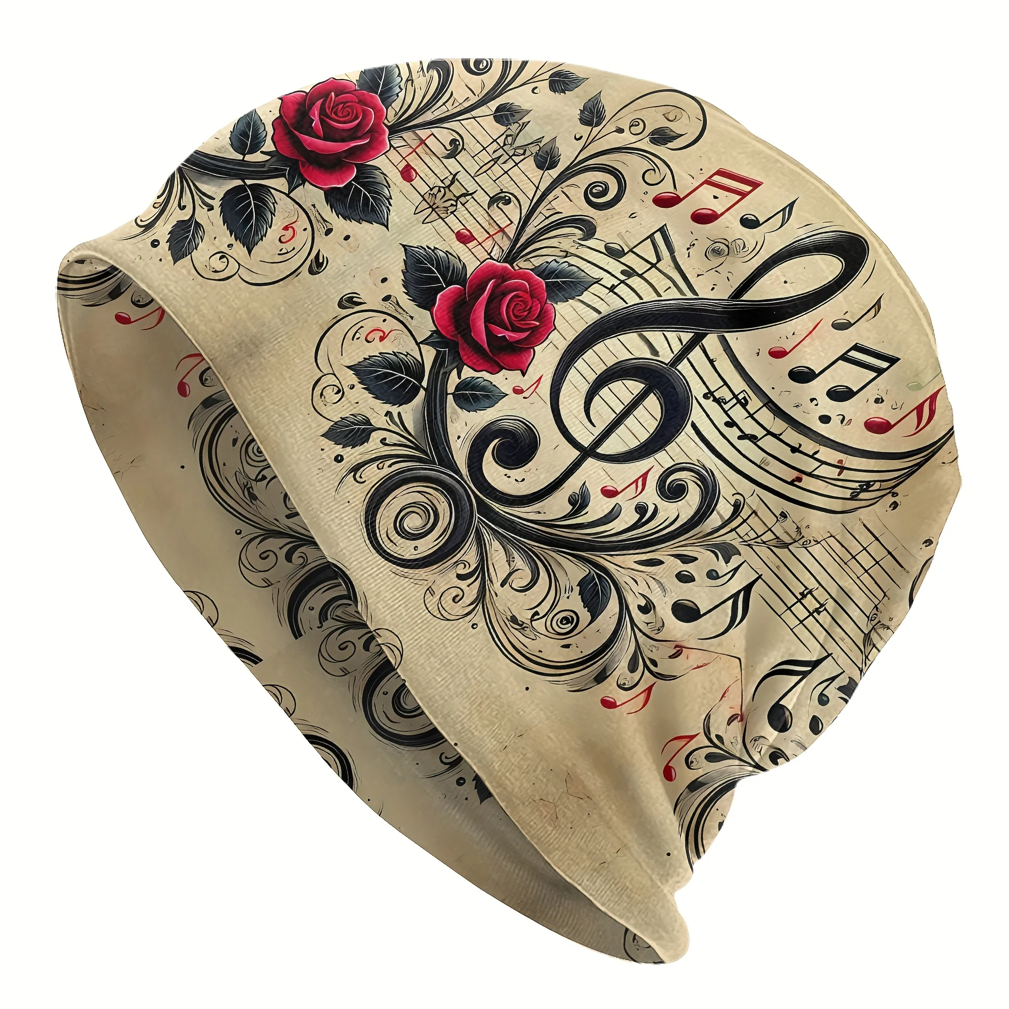 Rose Note Beanie Hat Elastic Stretch Fit Suitable for Valentine' Day Gift Rose Music Note Print for Storage Hand Washable