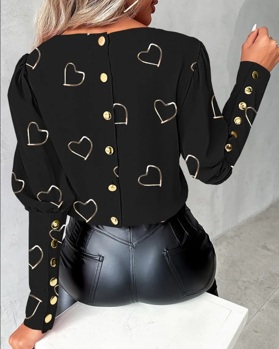 Casual Love Print Shirt Blouse Women Fashion O-neck Long Sleeve Shirts For Women 2024 Spring Autumn Black Button Tops Ladies