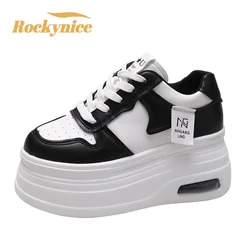 7CM sneakersy na wysokiej podeszwie kobiety na co dzień skórzane buty sportowe nowa jesień z wulkanizowaną deskorolką białe buty kobieta Chaussures Femme