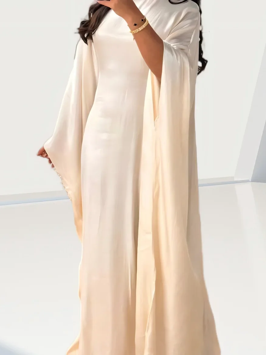 Muslim  High-End Solid Color Shiny Satin Batwing Sleeve Dress Long Robe Abaya Loose Maxi Dresss