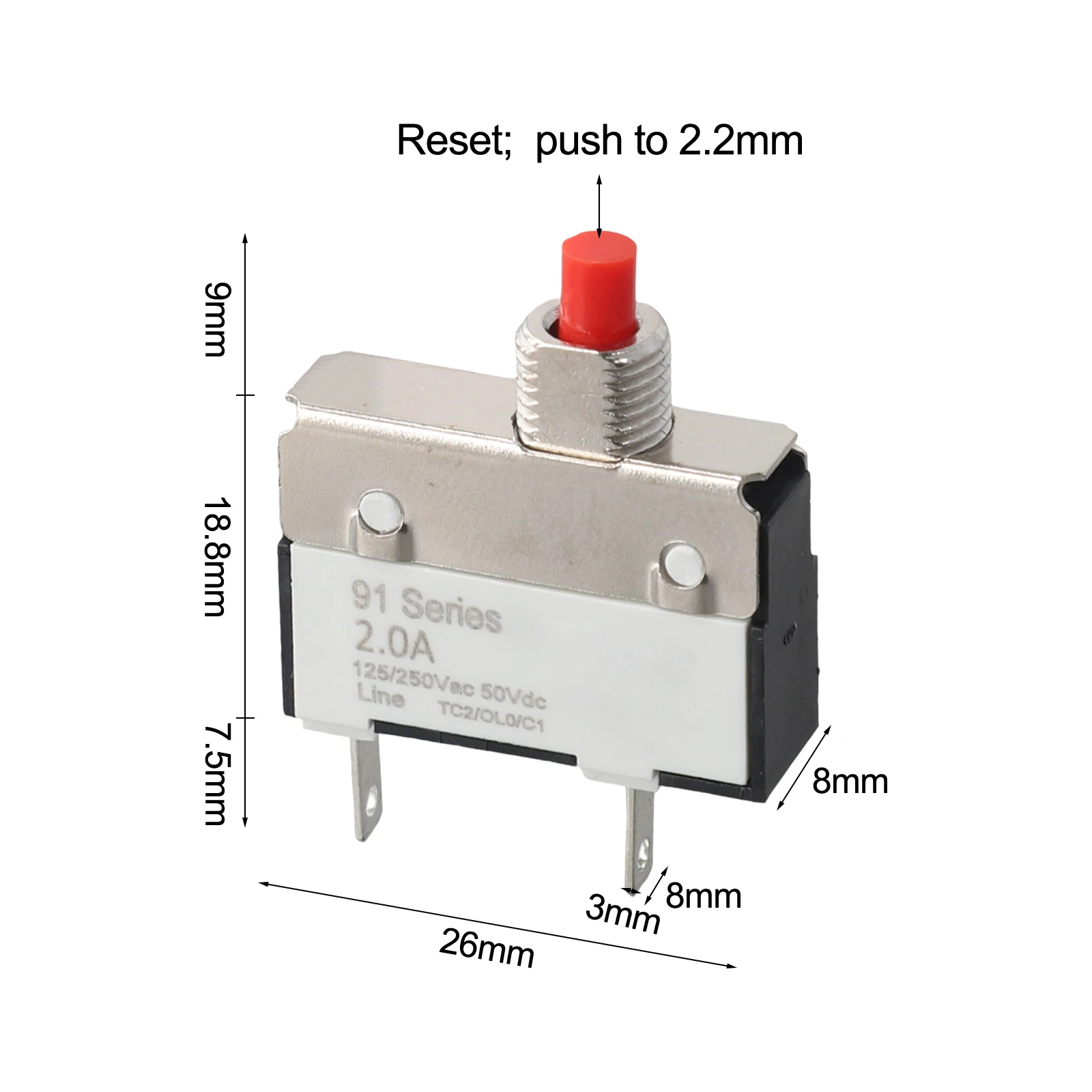 2 Amp Manual for reset Thermal Switch Circuit Breaker with Overload Protection for Electrical Systems Rated 50VDC and 125/250VAC