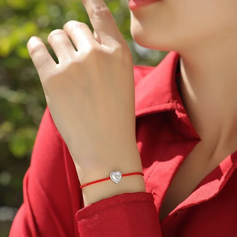 Shining U S925 Silver Moissanite Heart Redline Bracelet  Fine Jewelry for Women New Chinese Style Gift