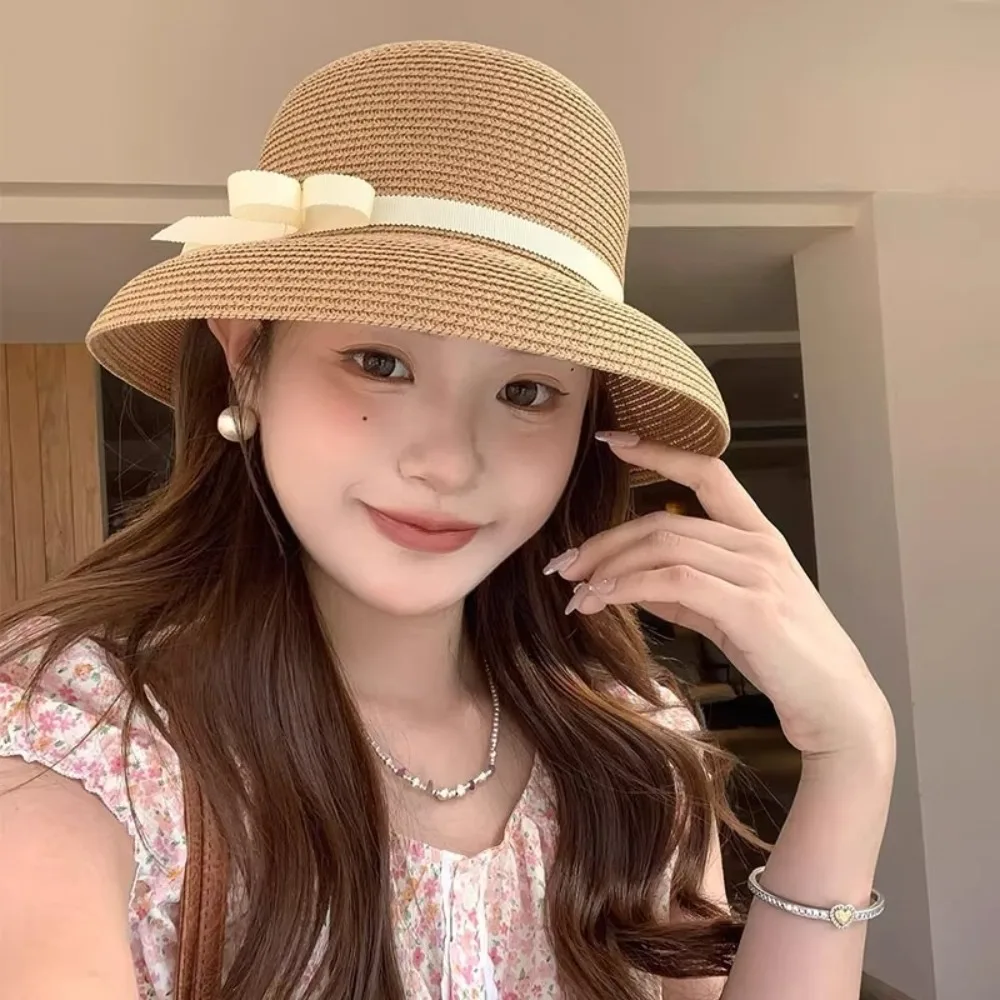 العصرية الفرنسية القوس قبعة من القش عطلة الشاطئ دلو قبعة الشمس هيبورن كبيرة الحواف قناع حوض قبعة السفر