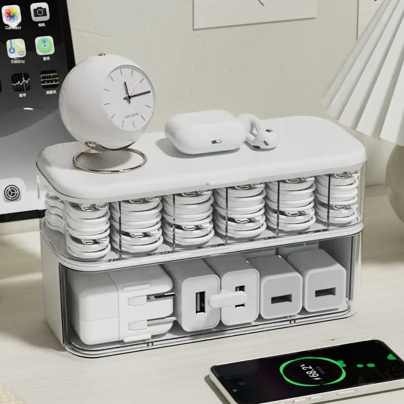 Desktop Charger Data Cable Storage Box, Simple Solid Color Transparent with Cover Dustproof Multi Compartment Storage Box