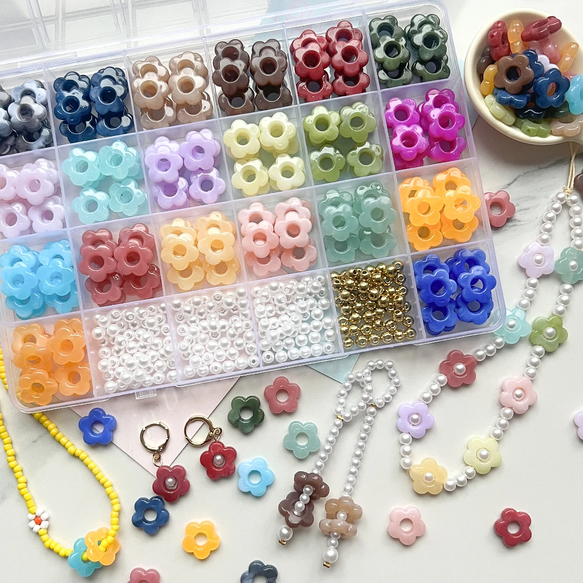 400Pcs 14mm Gradient Acrylic Flower Beads Kit, 24 Grids Box with 5mm Artificial Pearls & Ccb Spacer Beads for DIY Jewelry Making