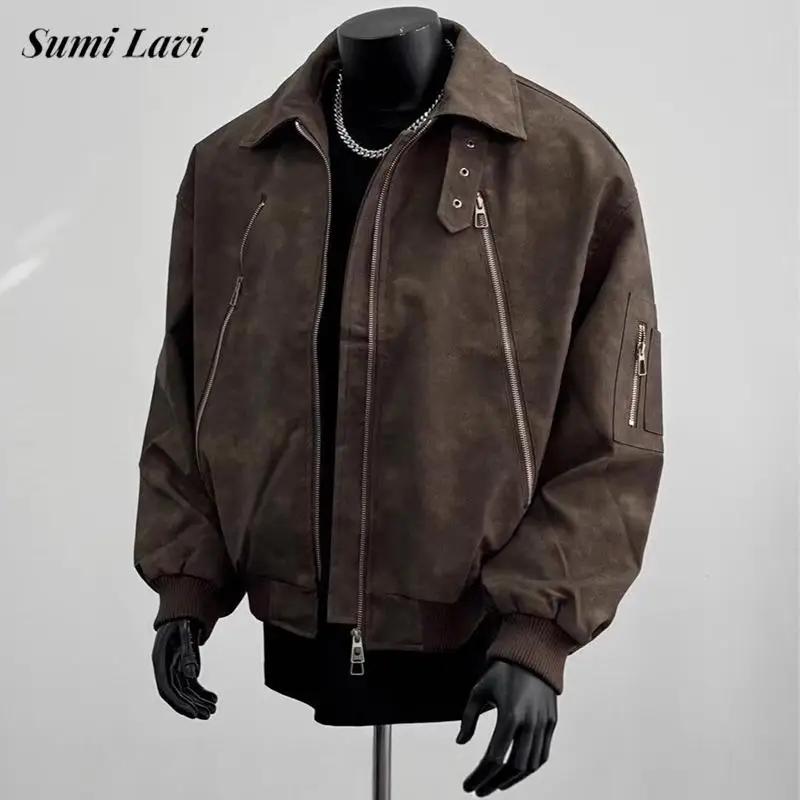 

Vintage Tie-dye PU Leather Outerwear Mens Autumn Winter New Casual Turn-down Collar Jacket Coat Men Fashionable Zipper Jackets