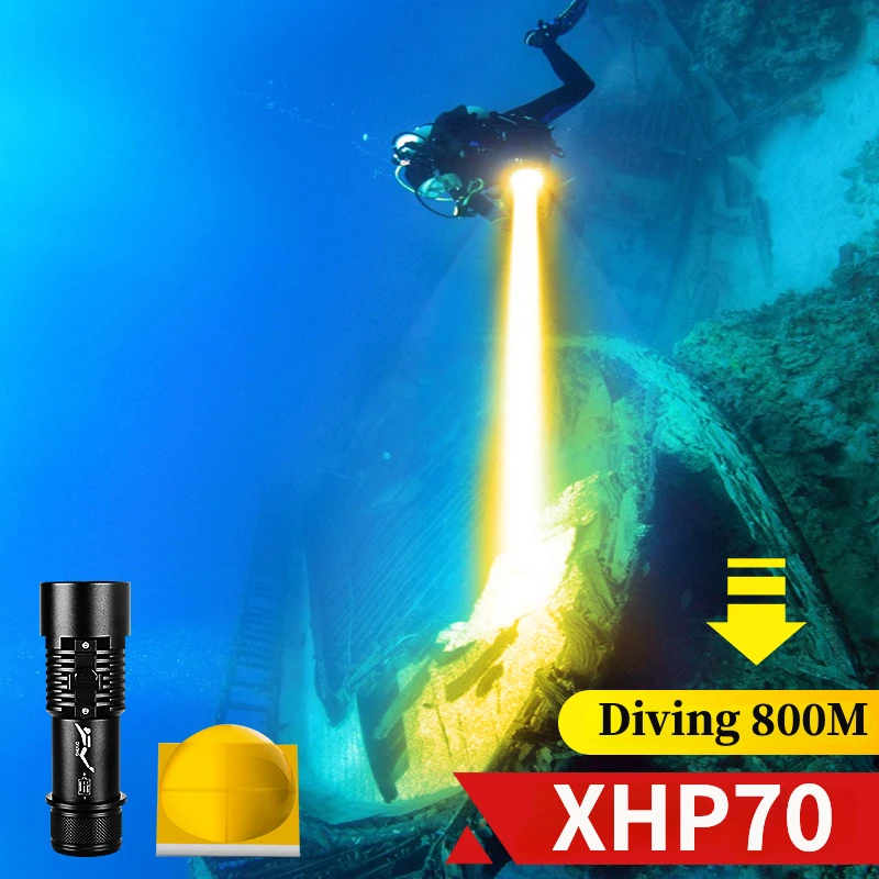 Powerful XHP70 LED Diving Flashlight Professional Underwater Torch IPX8 Waterproof Lamp Diving Lantern with Hand Strap