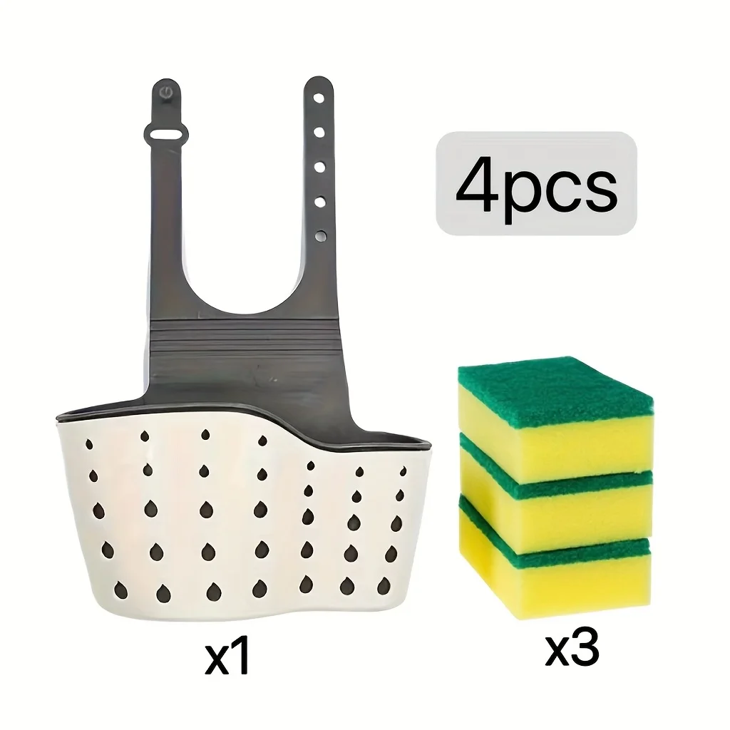 4 pieces - adjustable kitchen sink storage rack with dishwashing sponge and dishwashing cleaning cloth - space-saving hanging dr