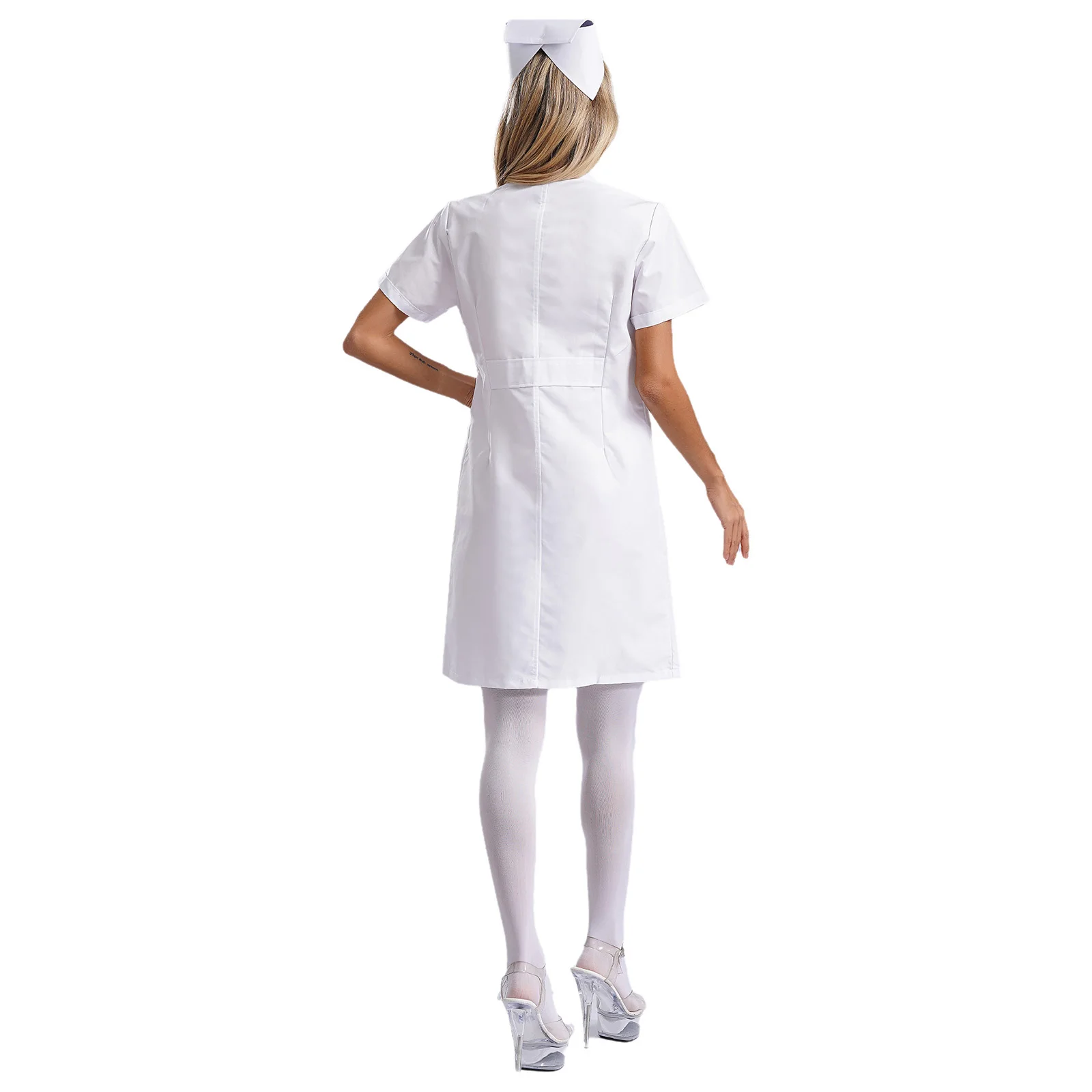 Women Purity White Nurse Doctor Hospital Working Outfit Dress Costume Short Sleeve Dress with Pantyhose Stockings And Hat Set