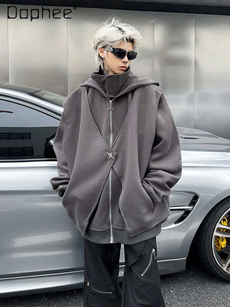 Autumn Winter American High Street Men's High Collar Fake Two-Piece Gray Hooded Jacket Loose Casual Daily Black Velvet Jacket