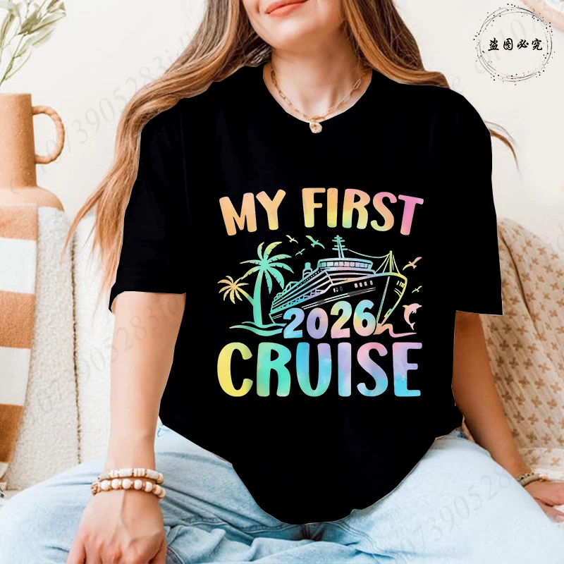 My First 2026 Cruise Rainbow Graphic T Shirt for Women Cruise Ship Summer Vacation Short Sleeve Tees Ulzzang Female Clothing