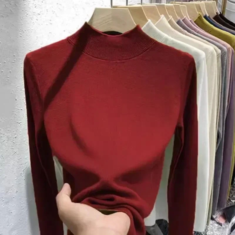 Поп-наполувысокий однотонный свитер для женщин, тонкий пуловер на осень и зиму, контрактный пригородный базовый трикотаж, верхняя основа