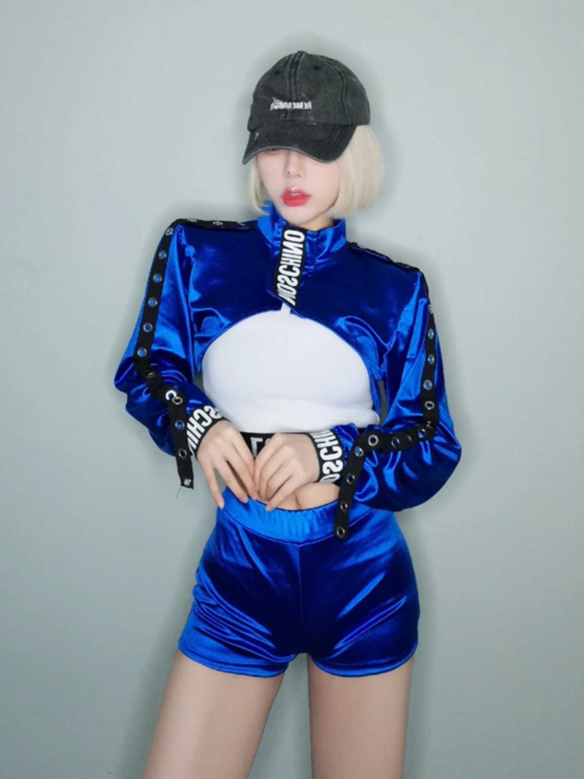 Blue Short Sleeveless Women's Performance Costume Long Sleeve Belly Show off Stage Dance Outfit Team Corporate Event Wear