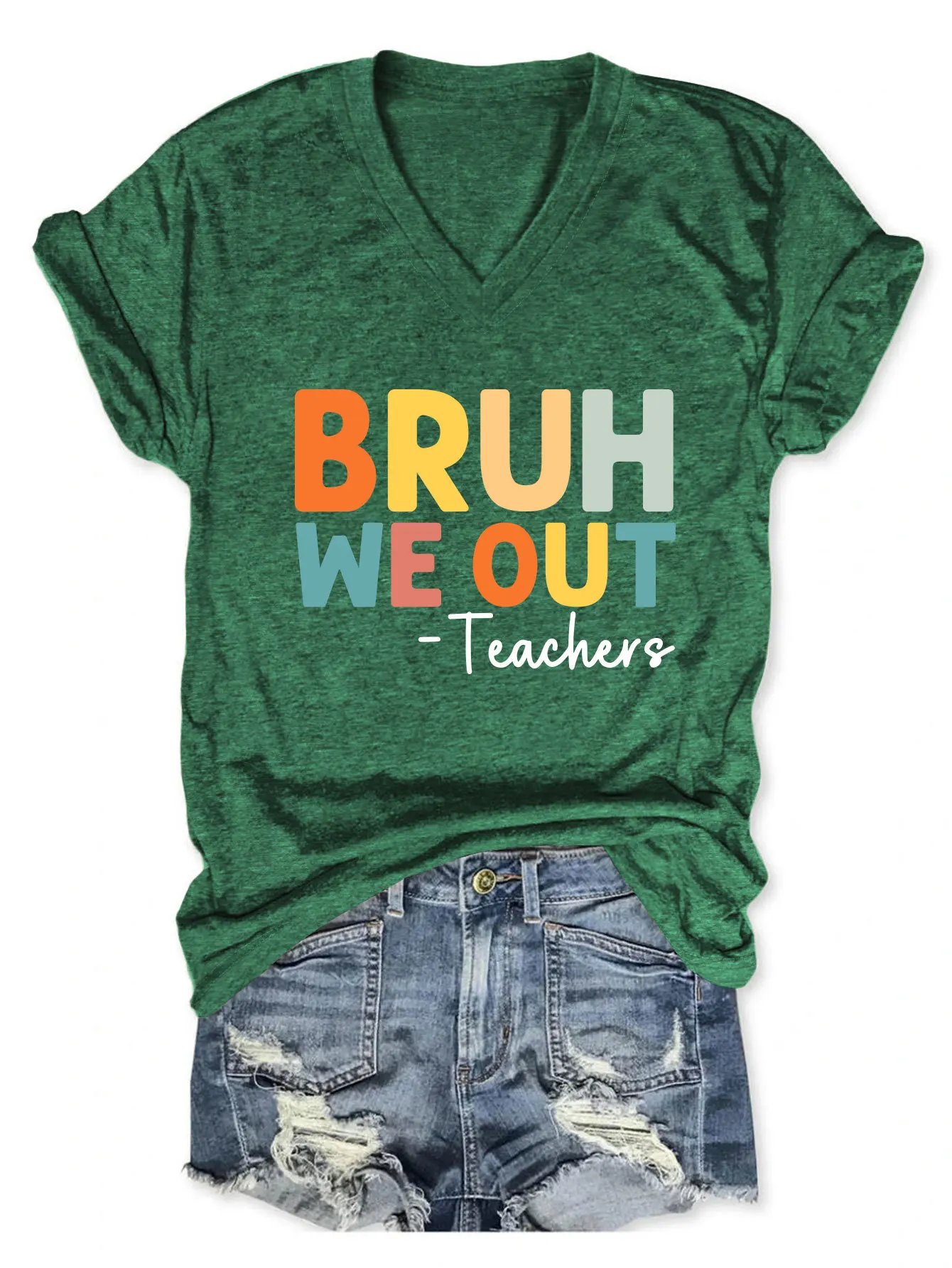 The new summer short-sleeved T-shirt BRUH WE OUT TEACHERS printed V-neck loose casual fashion jacket