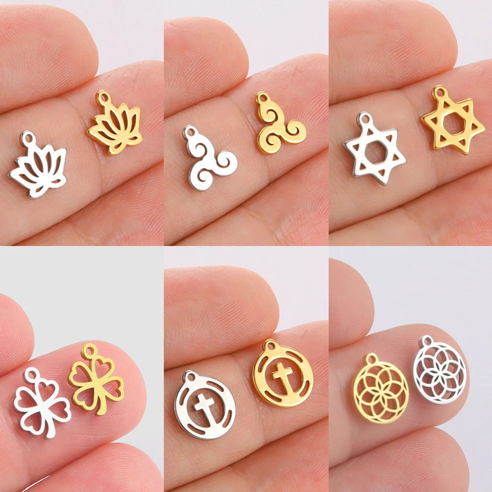 EUEAVAN 5pcs Mini Charm Lucky Clover Triskele Stainless Steel Charms for Jewelry Making Flower of Life Lotus Small Pendant DIY