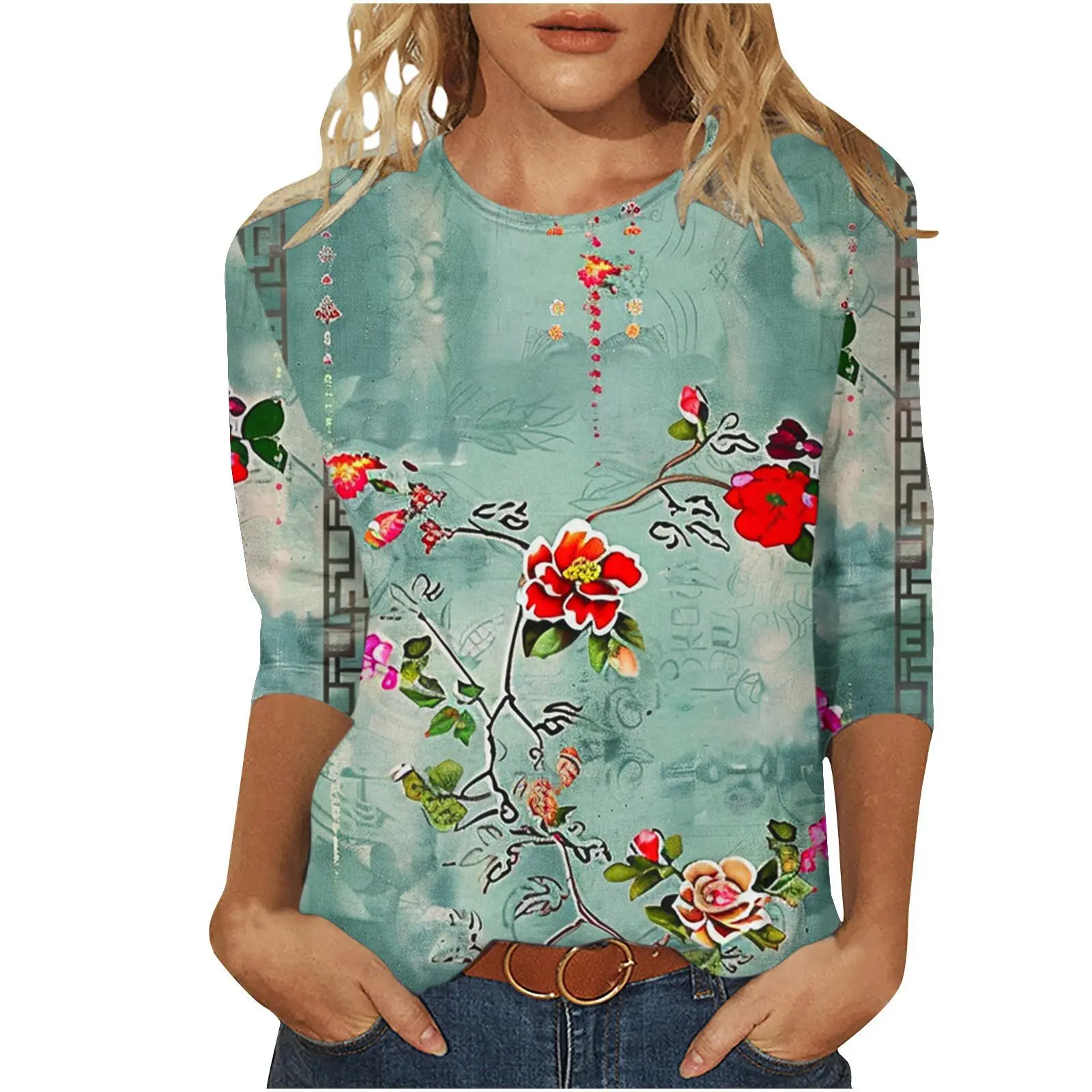 

Retro flower print 2024 summer slimming seven quarter sleeve top for women, new fashion design sense and temperament WA21