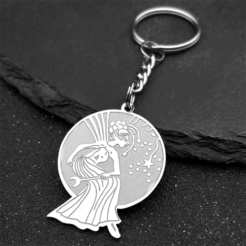 Magic Wicca Fairy Star Moon Round Medal Key Chain For Women Men Stainless Steel Silver Color Mysterious Key Ring Party Jewelry