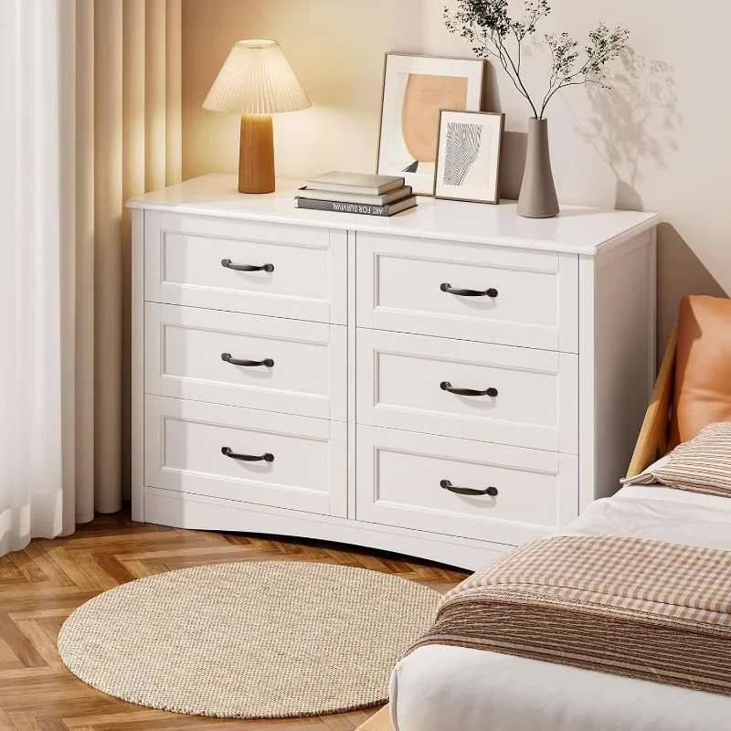 Cassettiera a 6 cassetti per camera da letto, cassettiera più grande da 47 pollici con maniglia mentale per cameretta dei bambini, cassettiera bianca con 6 contenitori