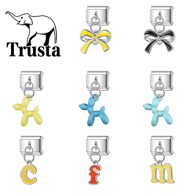 Trusta 2025 New Star Bow Ties Balloon Dogs Charm Italian Links 9mm Bracelet Stainless Steel for Women DIY Jewelry Wholesale N484