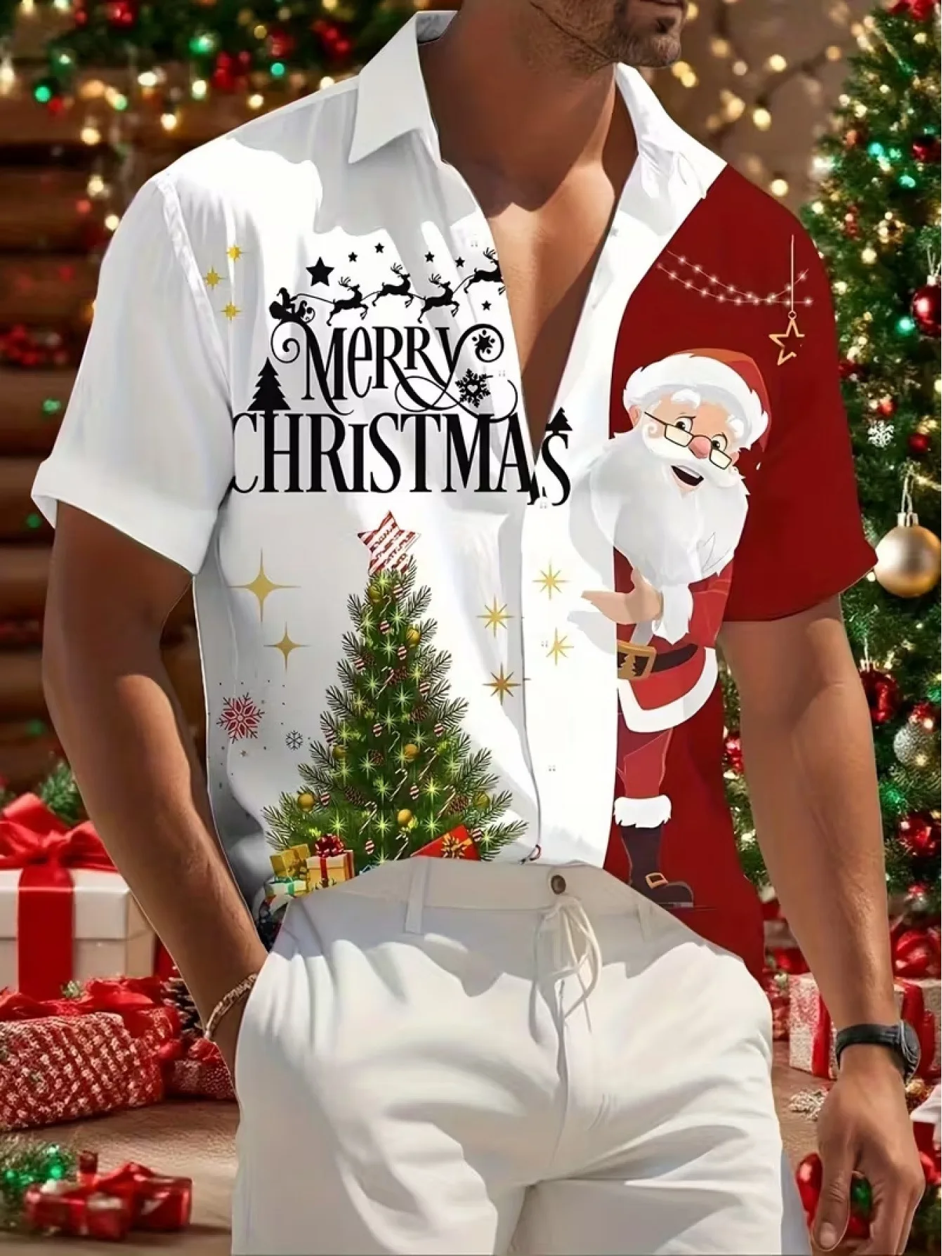 2026 Men's New Christmas-themed Pattern Printed Short-sleeve Shirt Suitable as a Christmas Gift Comfortable Fabric Fast shipping