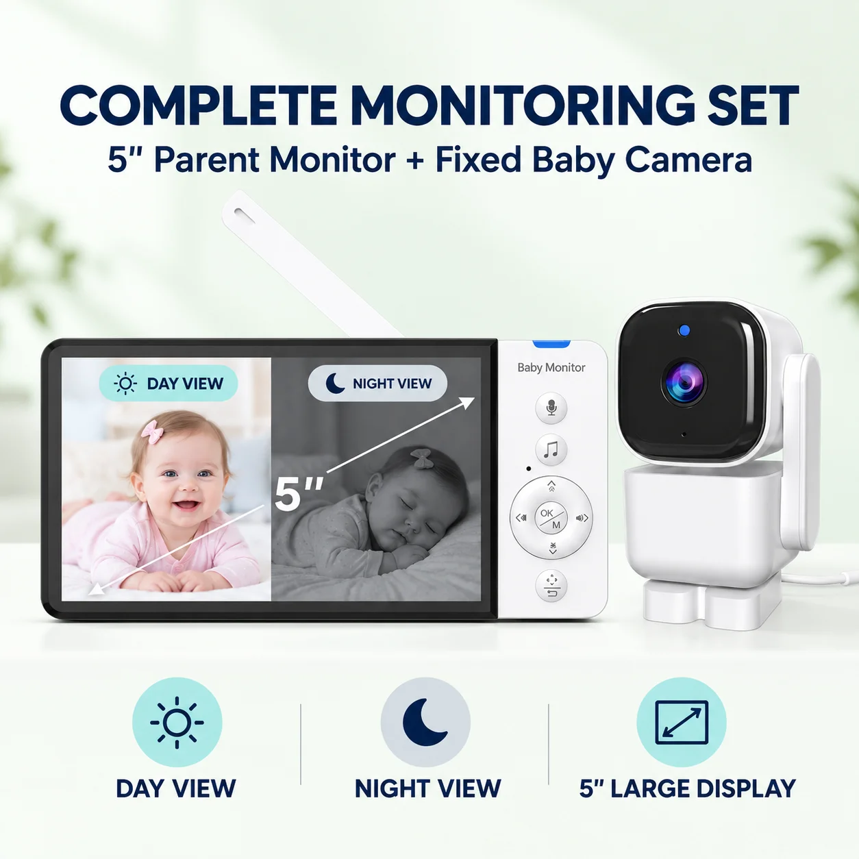 Video Baby Monitor 5'' Large Display Sleep Monitoring Pan Tilt Camera Feeding Timer 2 Way Audio Security Temperature Camera