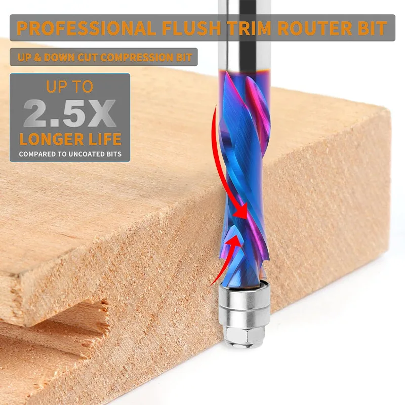 CNC Router Nano Blue Coated Solid Carbide Bearing Drive,Double Groove Leveling Trimming and Milling Tool12.7mm (1/2 inch) Shank