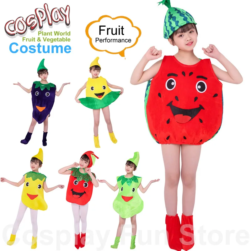 Disfraz de Cosplay de fresa, sandía, manzana, uva, plátano, fiesta mundial de plantas, frutas, ropa de rendimiento, vestido de baile de Anime para niños