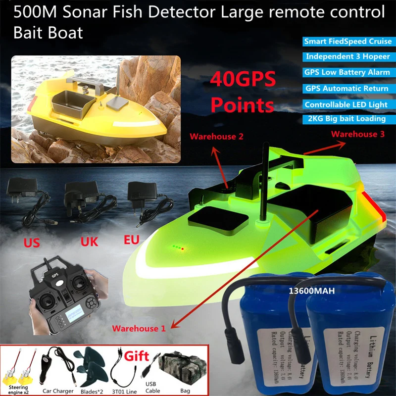 

GPS Bait Boat 40 GPS Position High Speed Remote Control Bait Boat 40GPS 2KG LCD Display Screen Independent 3Hopper RC Nest Boat
