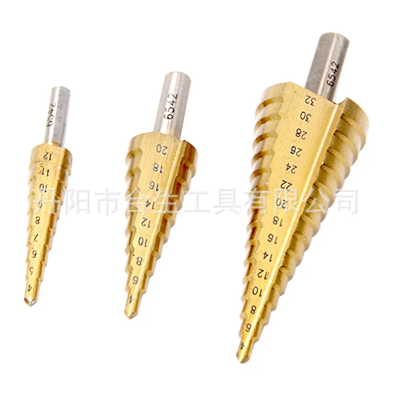 HSS Steel 6542 titanium-plated Step Drill Tower Drill M2 Triangular Handle Straight Groove Spiral Groove Steel Plate Drilling