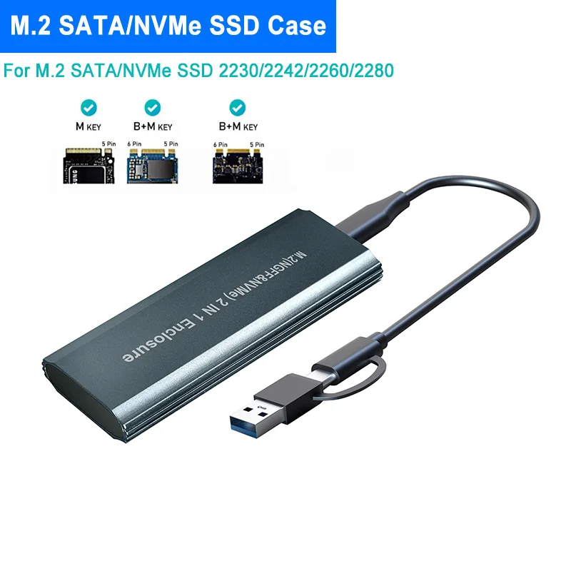 

Адаптер M.2-USB 3,1 SSD, двойной протокол M.2 NVME PCIe NGFF SATA M2 SSD для 2230 2242 2260 2280 NVMe/SATA M.2 SSD RTL9210B