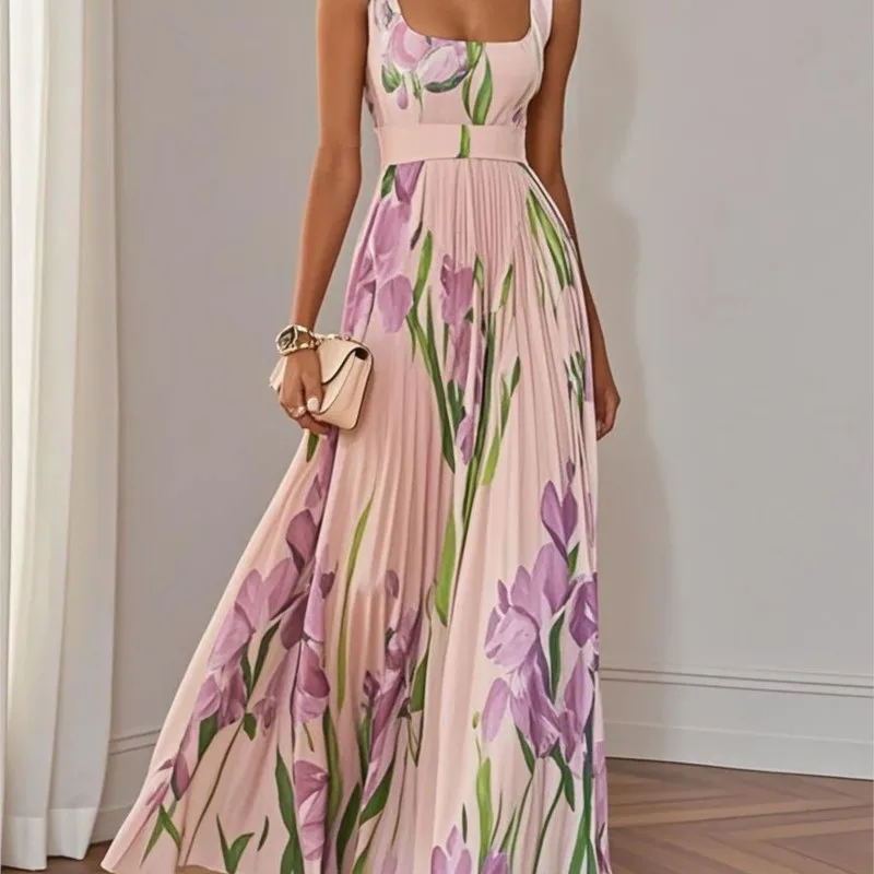 Elegantes Kleid mit quadratischem Kragen und Blumendruck für Damen, Sommer, sexy, ärmellos, lässig, Leibchen-Kleider