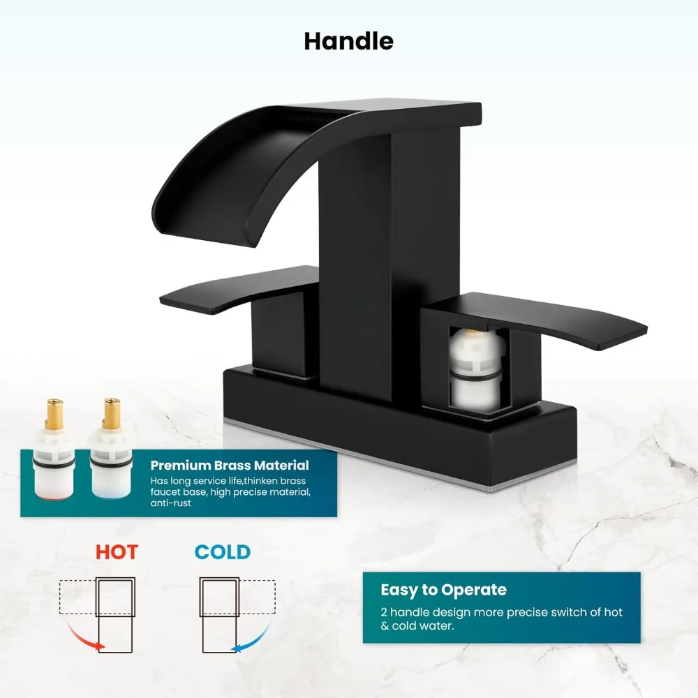 Waterfall Bathroom Sink Faucet 2 Handle Basin Modern Mixer Tap Matte Black with Pop Up Drain
