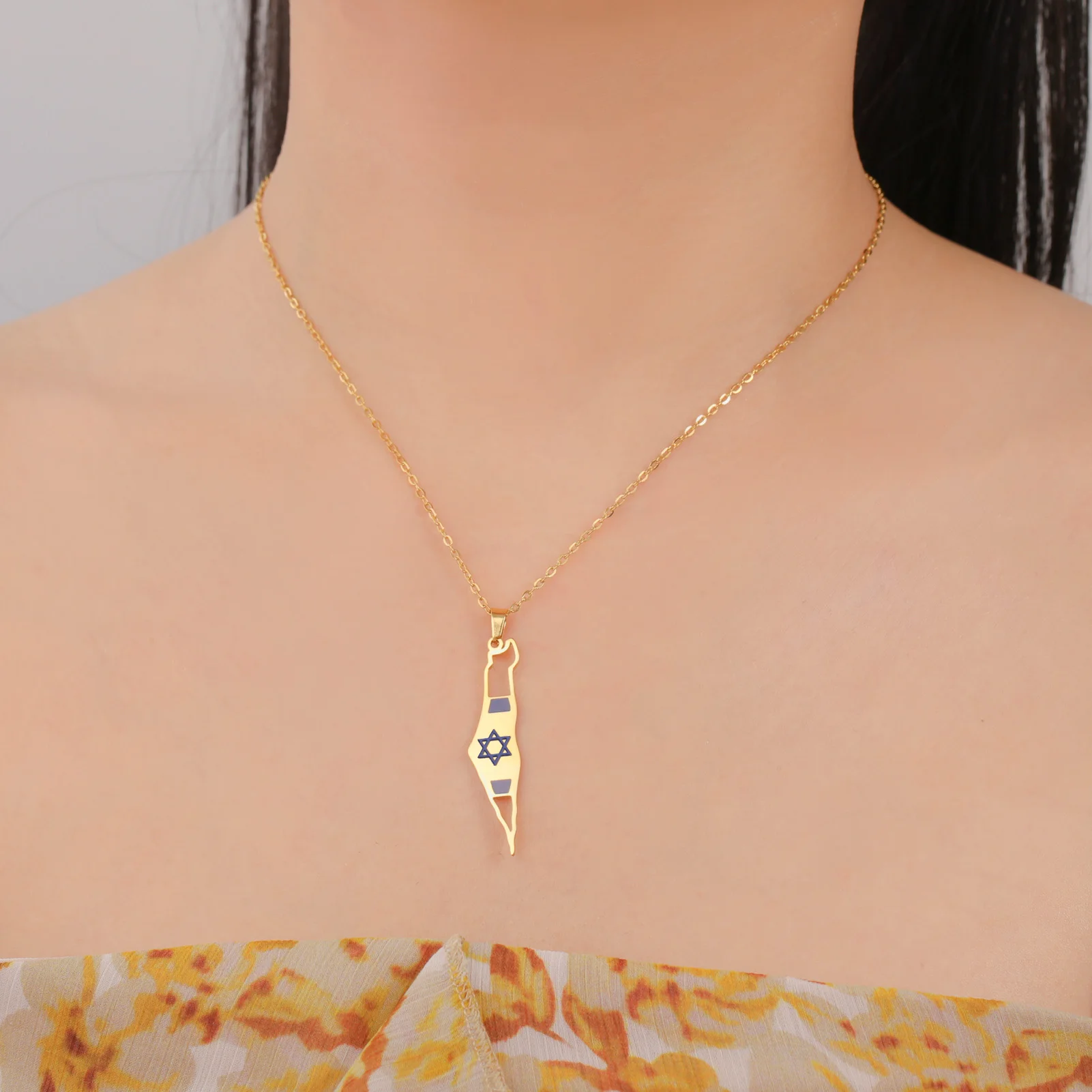 EUEAVAN إسرائيل فلسطين خريطة القلائد للنساء الرجال الفولاذ المقاوم للصدأ العبرية نجمة داود قلادة اليهودية مجوهرات هدايا بالجملة
