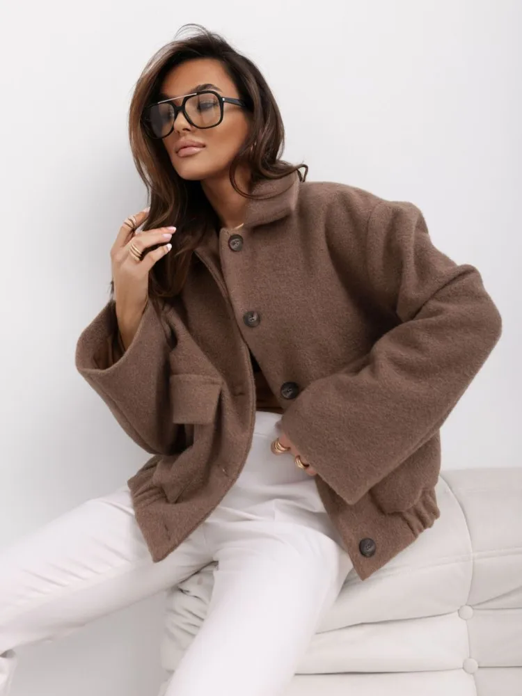

Autumn New Women's Casual Coat Winter Fashion Long Sleeve V-Neck Elegant Solid Color Flip Collar Loose Coat Office Lady Clothes