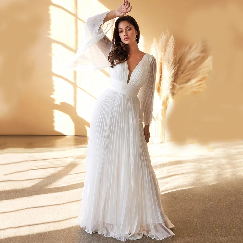 

Fashion Illusion Flare Sleeves Wedding Dresses for Women V-Neck Bridal Growns with Floor-Length Vestidos De Novia Backless 2024