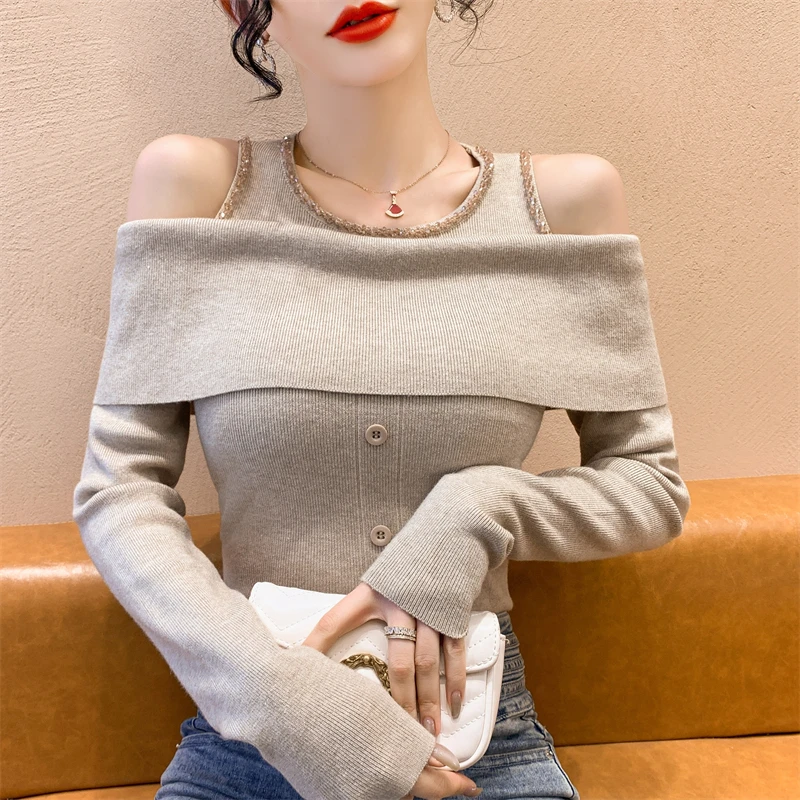 2024 Fall Winter European Clothes Knitted Sweater Chic Sexy O-Neck Button Hollow Out Shiny Beading Women Long Sleeve Tops 41037