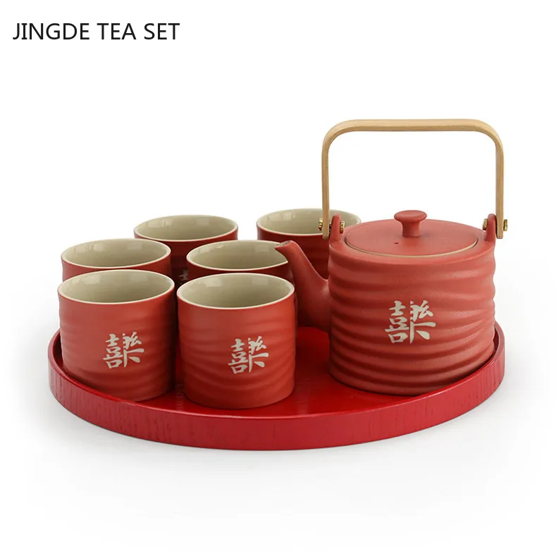 

Exquisite Ceramic Tea Pot and Cup Set Handmade Filter Teapot Chinese Wedding Tea Set Red Porcelain Teaware Hom Drinkware