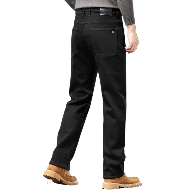 

Winter Men's Fleece Warm Jeans Classic Black Plush Loose Straight Business Casual Pants Thermal Male Clothing 40 42 44