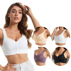 Plus Size Front Button Bras Full Cup Non Wired Bra for Women Vest Style Lace Bra