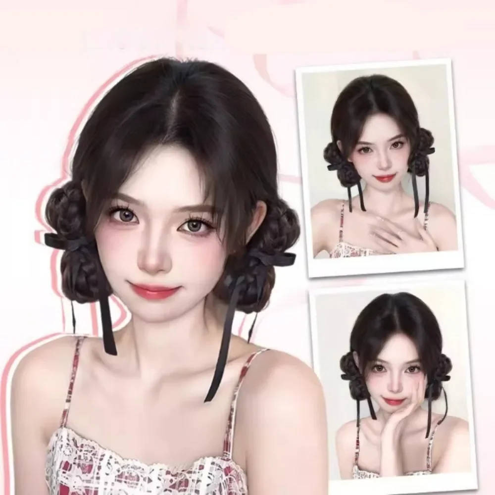 1 Pasang Wig Rambut Sanggul Sayang Pita Sanggul Sintetis Wig Sanggul Rambut Kepang Dasi Anak Perempuan