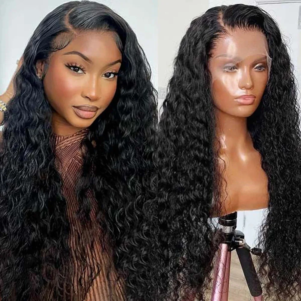 Nadine 180 Density 13x6 Transparent Lace Front Wig Peruvian Water Wave Remy Human Hair Wig For Women Natural Black Frontal Wig