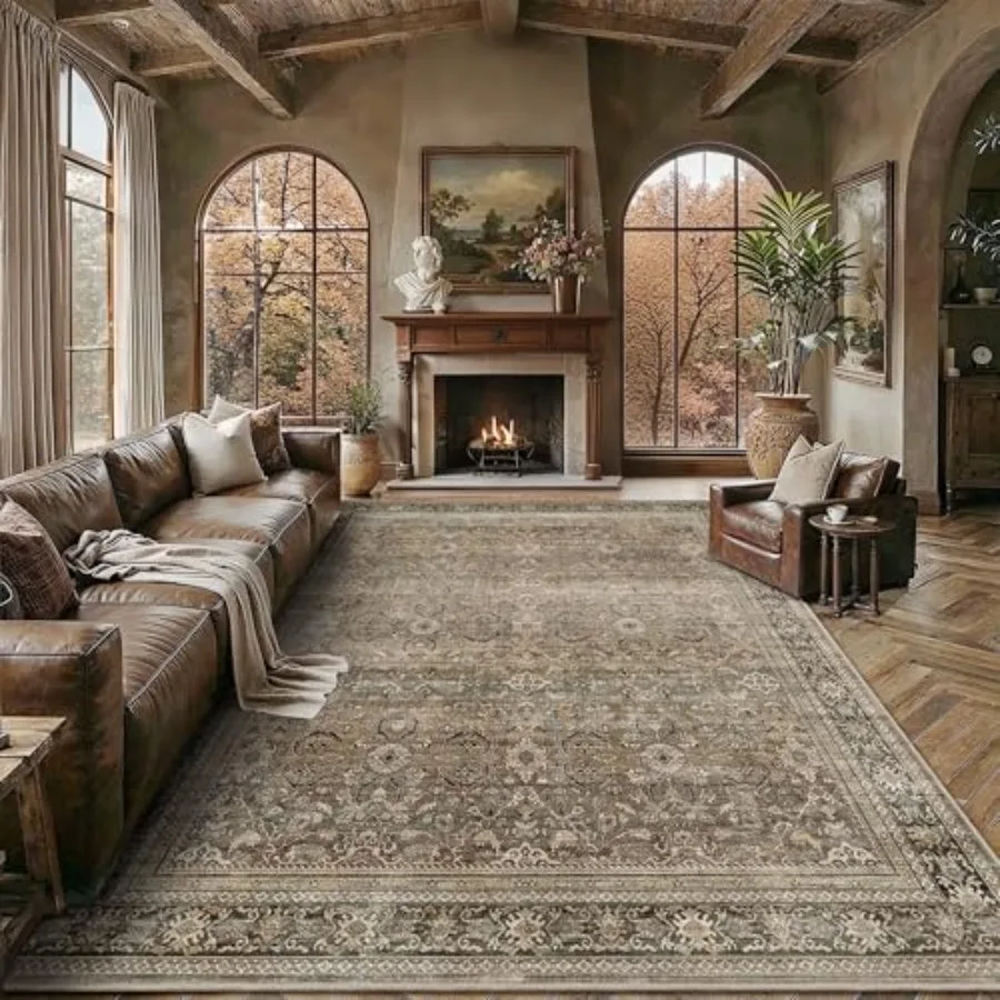

Living room area rug, washable brown neutral vintage distressed low-pile carpet with non-slip backing, soft indoor mat for bedr