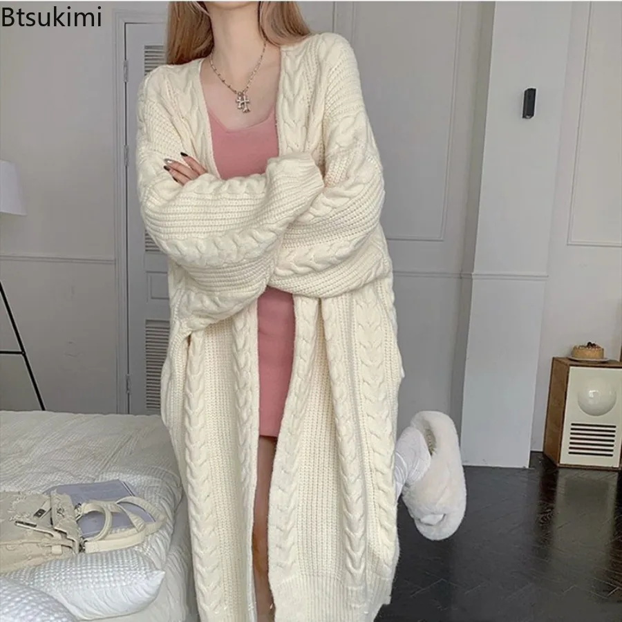 

Autumn Winter Women Thickened Warm Loose Long Cardigan Coat Solid Long Sleeve Knit Sweater Coat Rib Outerwear Trend Streetwear