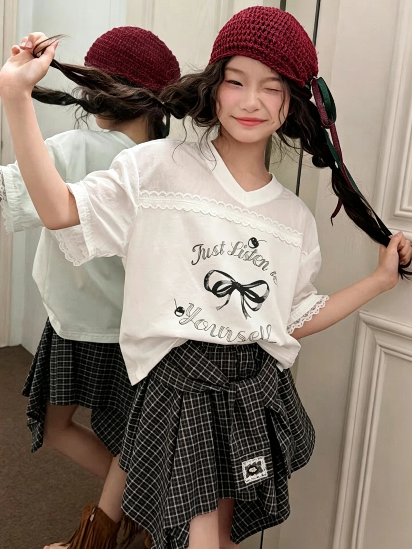 韓国風女の子半袖tシャツセット夏ファッションチェック柄八角スカート通気性軽量洗濯機で洗える子供服