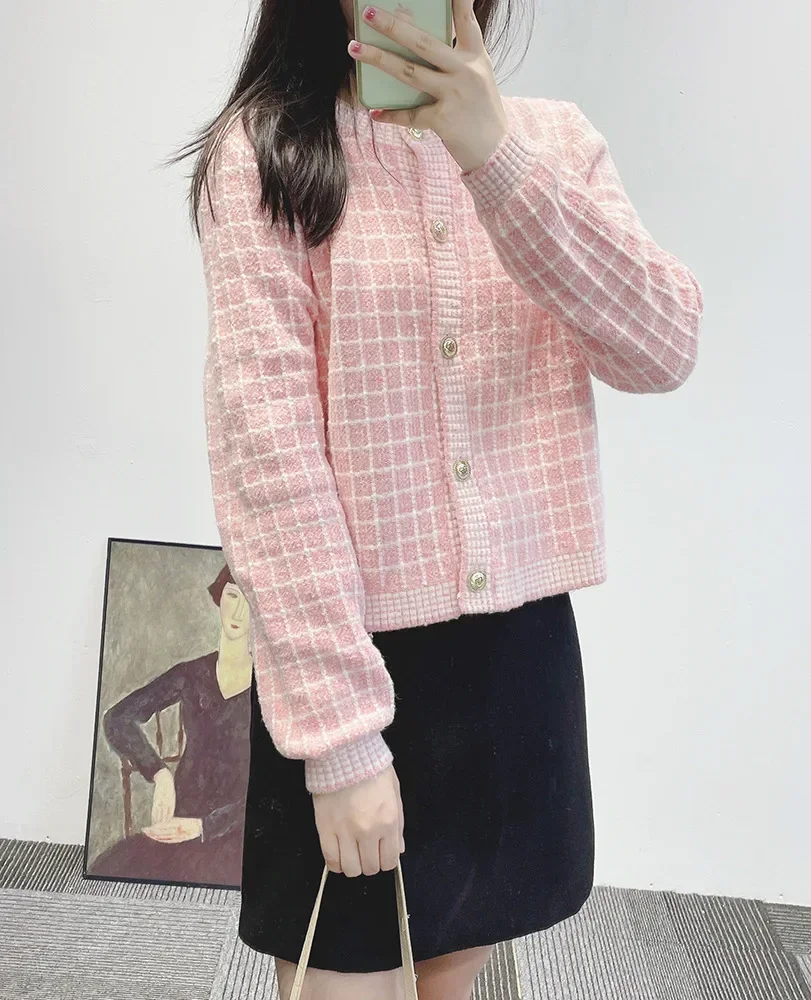 French Style Tweed Jacket Autumn Sweaters for Women Cardigans Winter Plaid Knitted Pink Coat High-end Clothing Sweet Cardigan