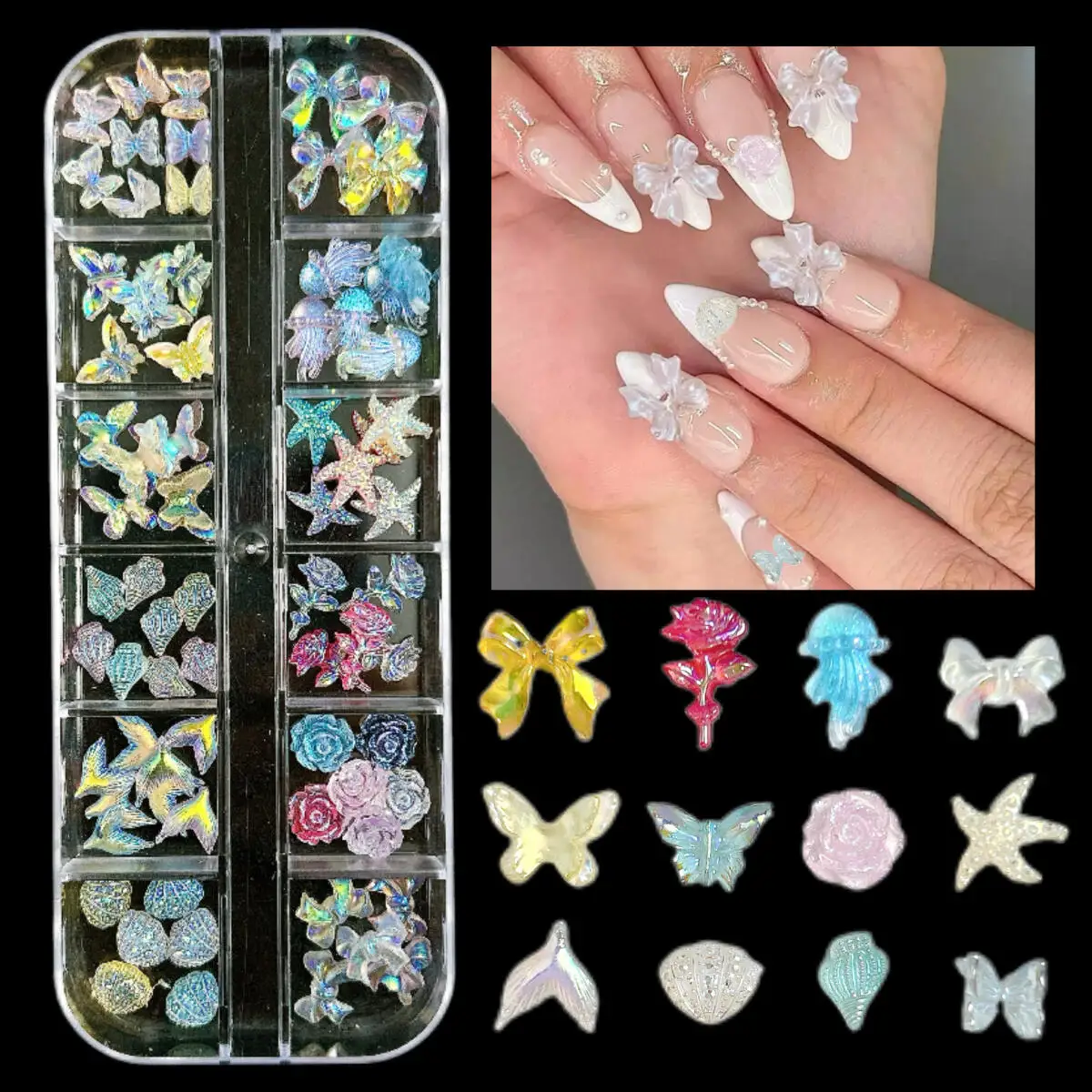 

1Box Gradient Translucent Butterfly Starfish Resin Nail Art Decorations 3D Colored Bow Flower Artificial Pearl Nail Charms DIY